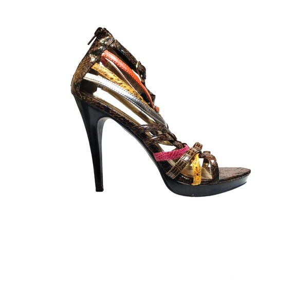 Icora Sandals Woman's 7 Reptile Print Zip Heel Gladiator 5" Heel - Picture 1 of 10
